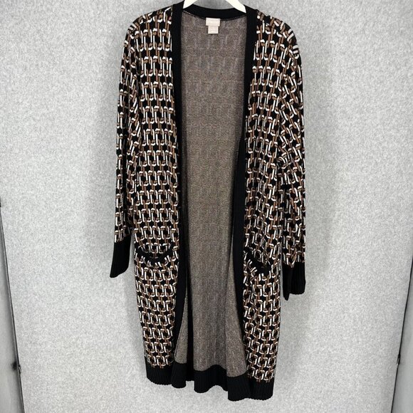 Chico's Sweaters - Chicos Chain Print Jacquard Long Cardigan Size L Black Brown Pockets Equestrian